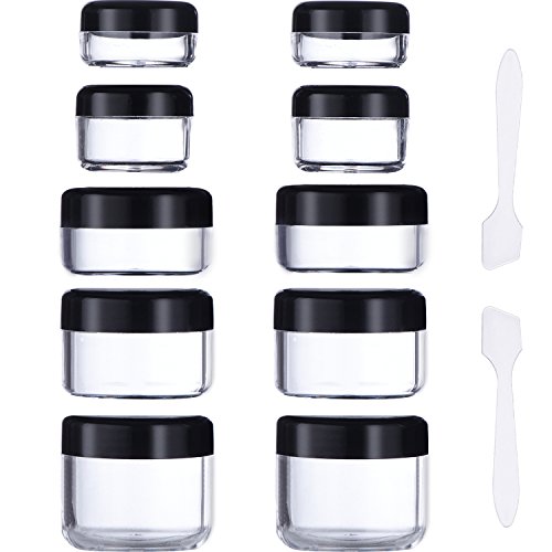 Product Cover eBoot 10 Pieces Empty Clear Plastic Sample Containers 3/5/ 10/15/ 20 Gram Size Round Cosmetic Pot Jars with Screw Cap Lids and 2 Pieces Mini Spatula (Black)