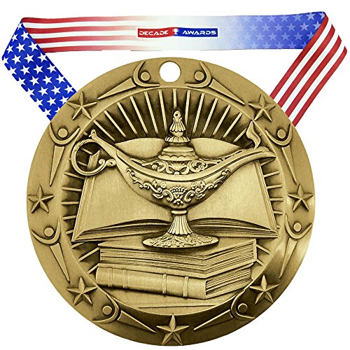 Product Cover Decade Awards Academic World Class Medal, Gold - 3 Inch Wide Lamp of Knowledge First Place Medallion with Stars and Stripes American Flag V Neck Ribbon
