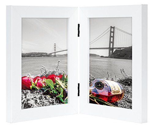 Product Cover Frametory, 5x7 Inch Hinged Picture Frame with Glass Front - Made to Display Two 5x7 Inch Pictures, Stands Vertically on Desktop or Table Top (5x7-2, White)