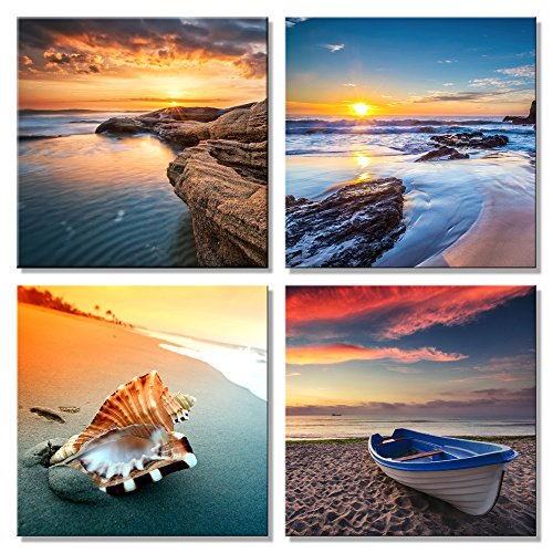 Product Cover Pyradecor Sunset Sea Beach Modern Seascape Pictures Paintings on Canvas Wall Art 4 Panels Stretched and Framed Giclee Canvas Prints Artwork for Living Room Bedroom Home Office Decorations