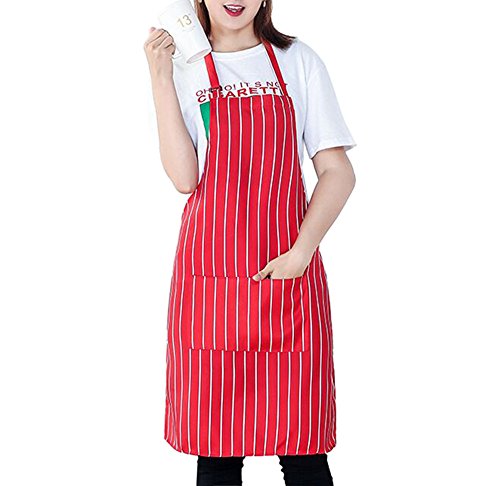 Product Cover L-SRONG Restaurant Cooking Apron Kitchen Apron with 2 Pockets,Resistant Adult Chef Waiter Bib Aprons - Machine Washable,Comfortable,Easy Care.(Red-and-White Stripes)