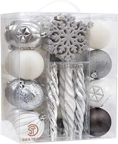 Product Cover Sea Team 62-Pack Assorted Shatterproof Christmas Ball Ornaments Set Decorative Baubles Pendants with Reusable Hand-held Gift Package for Xmas Tree (Silver, White, Grey)