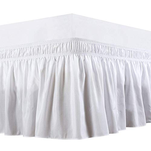 Product Cover Bedding Overseas Three Fabric Sides Wrap Around Elastic Solid Bed Skirt, Easy On/Easy Off Dust Ruffled Bed Skirts 14 Inch Tailored Drop (White Queen )
