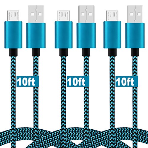 Product Cover Micro USB Cable, 10ft 3 Pack Extra Long Charging Cord Nylon Braided High Speed Durable Fast Charging USB Charger Android Cable for Samsung Galaxy S7 Edge S6 S5,Android Phone,LG G4,HTC, Blue
