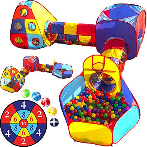 Product Cover Playz 5pc Kids Playhouse Jungle Gym Ball Pit with Dart Board & 5 Velcro Balls - Fold Up Pop Up Tents, Tunnels & Basketball Pit Play Center for Boys, Girls, Baby, Toddlers w/ Travel Zipper Storage Bag