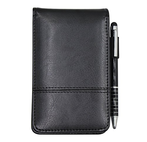 Product Cover Small Pocket PU Leather Business Notebook Cover Jotter Multifunction A7 Mini Notepad,30 Pages Note Paper, 0.7 Metal Rotating Pen,and Pen Holder (Black)