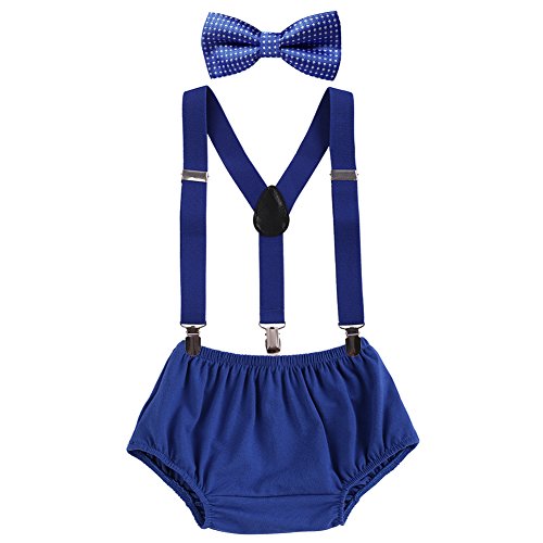 Product Cover Baby Boys Adjustable Y Back Clip Suspenders Outfit First Birthday Bloomers Bowtie set Dark Blue