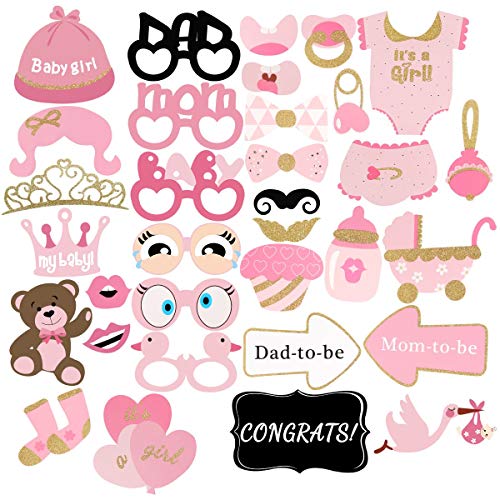 Product Cover Unomor 33Pcs Pink and Gold Girls Baby Shower Photo Booth Props for Baby Shower Decorations