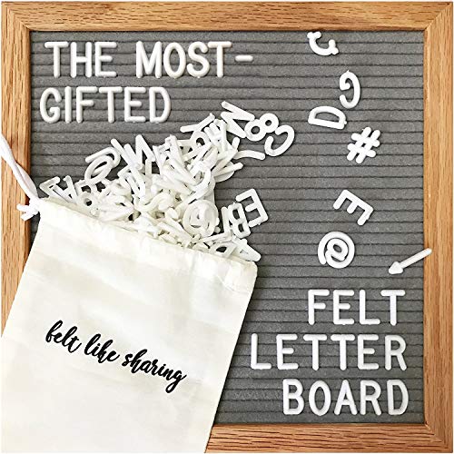 Product Cover Gray Felt Letter Board 10x10 Inches. Changeable Letter Boards Include 300 White Plastic Letters and Oak Frame.