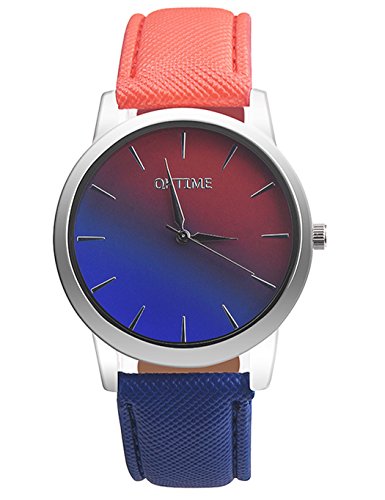 Product Cover COOKI Womens Quartz Watches, Rainbow Design Unique Analog Fashion Lady Watches Female Watches Casual Wrist Watches for Women,Round Dial Case Comfortable Faux Leather-H15 (Red)