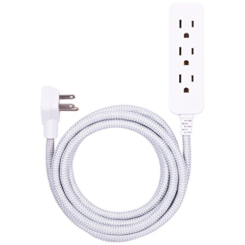 Product Cover GE Designer Extension Cord With Surge Protection, Braided Power Cord, 8 ft, 3 Grounded Outlets, Flat Plug, Premium, Gray/White, 38433