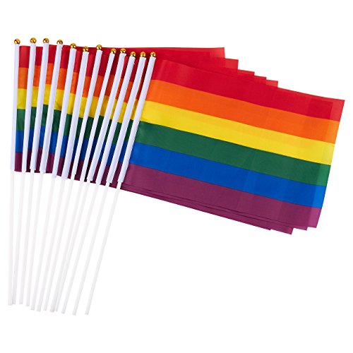 Product Cover Juvale 12 Piece Set of Gay Pride Flags - Small Rainbow Flag, LGBT Stick Flags for Mardi Gras, Gay Pride, Rainbow Party Supplies - 11.7 x 7.7 Inches