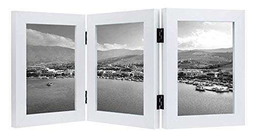 Product Cover Golden State Art, 5x7 Triple Hinged White Frame, 3 Vertical Openings, Desk/Table Top Display, Easy to Remove Back