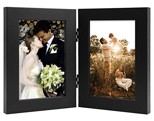 Product Cover Golden State Art, Decorative Hinged Table Desk Top Picture Photo Frame, 2 Vertical Openings, 4x6 inches with Real Glass (4x6 Double, Black)