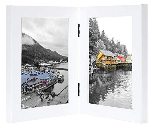 Product Cover Golden State Art, Decorative Hinged Table Desk Top Picture Photo Frame, 2 Vertical Openings, 5x7 inches with Real Glass (5x7 Double, White)