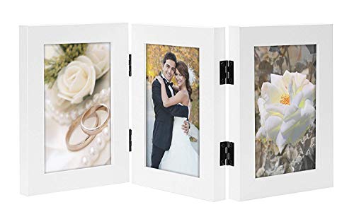 Product Cover Golden State Art, 3-Vertical 4x6 Opening, Table-top Folding Hinged Photo Frame with Real Glass, Color: White (4x6 Triple, White)