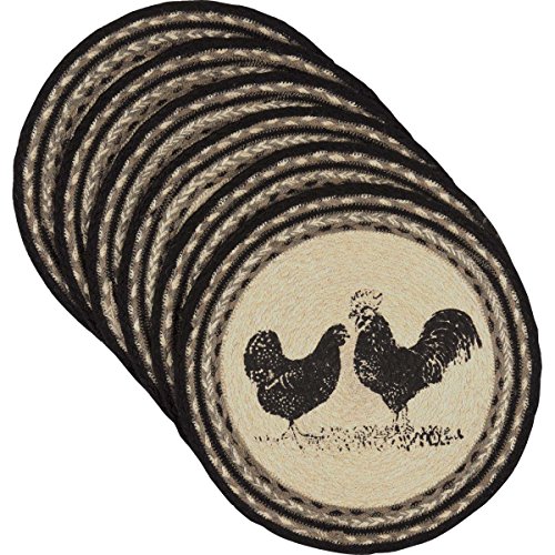 Product Cover VHC Brands Farmhouse Tabletop Kitchen Miller Farm Charcoal Poultry Jute Stenciled Nature Print Round Tablemat Set of 6, One Size, Bleached White