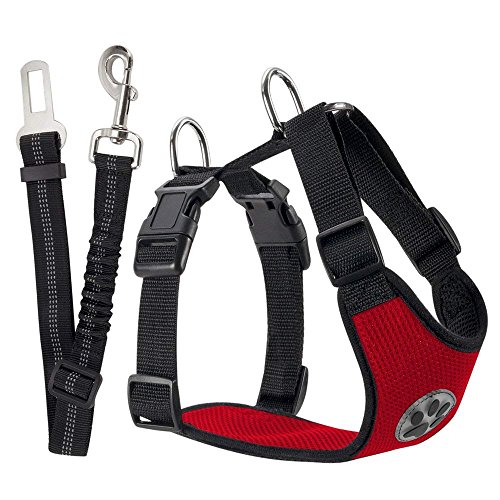 Product Cover SlowTon Dog Car Harness Plus Connector Strap, Multifunction Adjustable Vest Harness Double Breathable Mesh Fabric with Car Vehicle Safety Seat Belt .(Red, Medium)