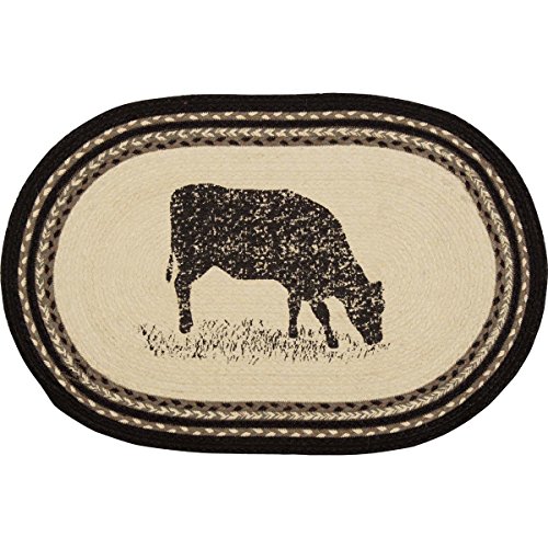 Product Cover VHC Brands 38028 Farmhouse Flooring Miller Farm Charcoal Cow Jute Stenciled Nature Print Oval Rug, One Size, Bleached White