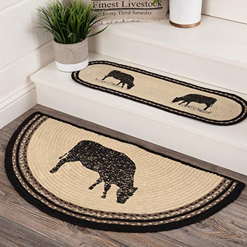 Product Cover VHC Brands 38027 Farmhouse Flooring Miller Farm Charcoal Cow Jute Stenciled Nature Print Half Circle Rug, One Size, Bleached White