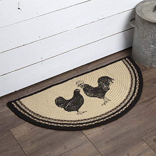 Product Cover VHC Brands 38044 Farmhouse Flooring Miller Farm Charcoal Poultry Jute Stenciled Nature Print Half Circle Rug, One Size, Bleached White
