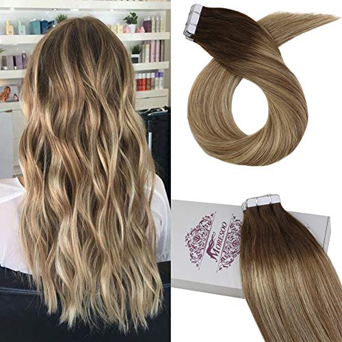 Product Cover Moresoo Tape in Extensions Human Hair Real Extensions Seamless Skin Weft Hair 16inch 20pcs 50G Real Remy Hair Extensions Glue in Human Hair Colored #3 Brown Fading to #8 Brown and #22 Blonde