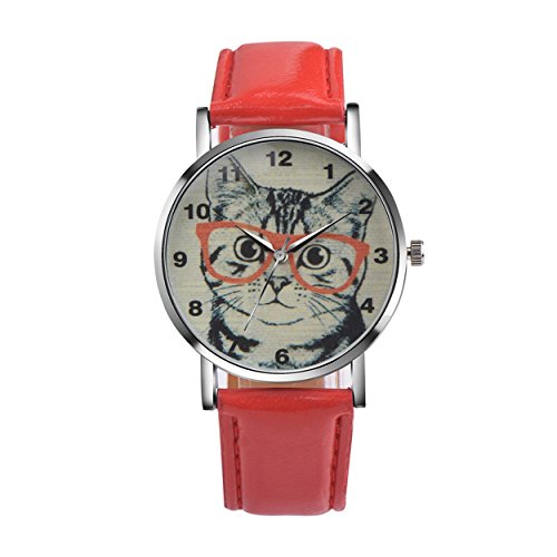Product Cover COOKI Womens Quartz Watch Cat Analog Female Watches Lady Watches Leather Watch-H78 (Red)