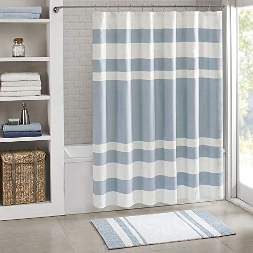 Product Cover Madison Park Spa Waffle Shower Curtain Pieced Solid Microfiber Fabric with 3M Scotchgard Water Repellent Treatment Modern Home Bathroom Decorations, Wide 108X72, Blue