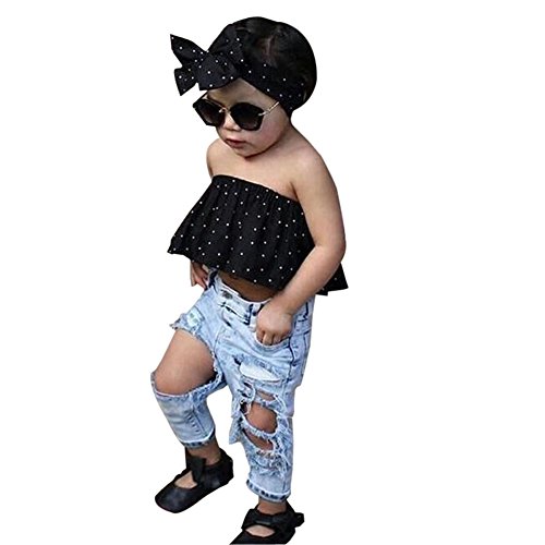 Product Cover 2017 Baby Girls Off Shoulder Polka Dot Top+Destroyed Ripped Jeans+Headband Clothes Outfit Set