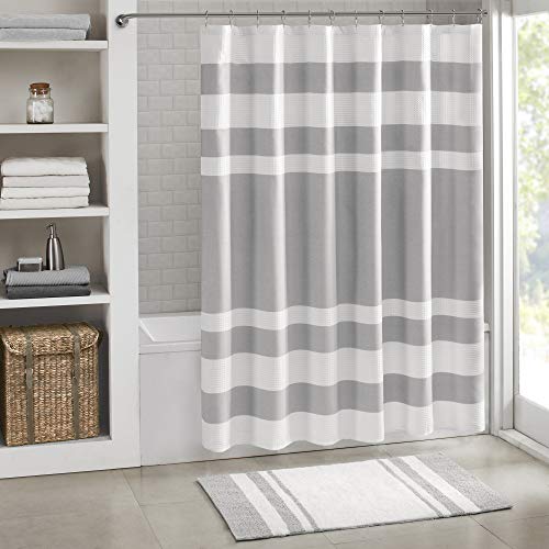Product Cover Madison Park Spa Waffle Shower Curtain Pieced Solid Microfiber Fabric with 3M Scotchgard Water Repellent Treatment Modern Home Bathroom Decorations, Wide 108X72, Grey