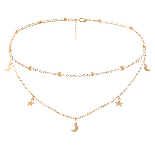 Product Cover BaubleStar Fashion Layering Star Moon Charm Pendant Tassel Necklace Gold Chain Choker Collar Multi Layered Statement Jewelry for Women Girls BAN0024