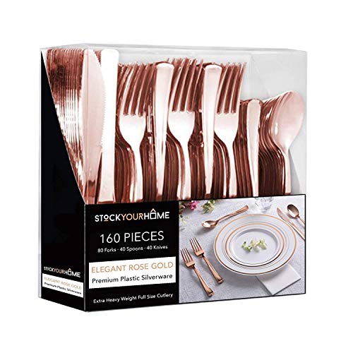 Product Cover Plastic Cutlery Heavy Duty - 160 Piece Rose Gold Plastic Silverware - Rose Gold Plastic Utensils - Pink Plastic Cutlery - 80 Plastic Forks, 40 Plastic Spoons, 40 Plastic Knives