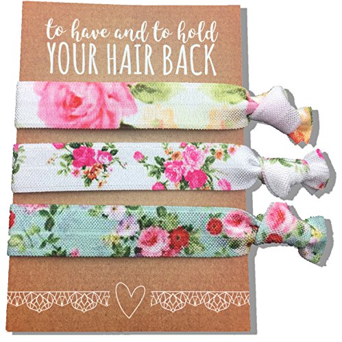 Product Cover Jeune Marie 6 Pack Floral Ribbon Hair Ties KIT No Crease Elastics Handtied Ouchless Ponytail Holders Hair Band Bracelet Favors for Bachelorette Parties, Bridal Showers, and More! (6 Pack, Floral)