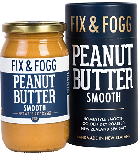 Product Cover Gourmet Smooth Peanut Butter. Handmade in New Zealand. All Natural and Non-GMO from Fix & Fogg. Naturally Textured, our take on Creamy PB. Vegan, Keto Friendly, in Beautiful Gift Packaging (13.2 oz)