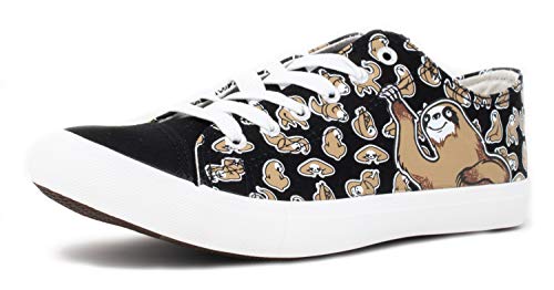 Product Cover Sloth Sneakers | Cute, Fun Sloths at Play Lazy Kid Spirit Animal Gym Tennis Shoe - (Lowtop, US Men's 7, US Women's 9) Black