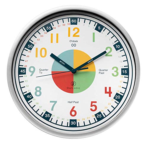 Product Cover Telling Time Teaching Clock. Kids Room, Playroom Décor Analog Silent Wall Clock. Great Visual Learning Clock Time Resource. Perfect Educational Tool for Homeschool, Classroom, Teachers and Parents.