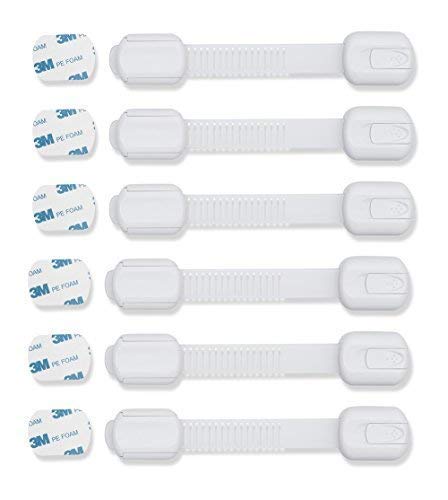 Product Cover CUTESAFETY Child Proof Safety Locks - Baby Proofing Cabinet Lock with 6 Extra 3M Adhesives - Adjustable Strap Latches to Cabinets,Drawers,Cupboard,Oven,Fridge,Closet Seat,Door,Window (White, 6)