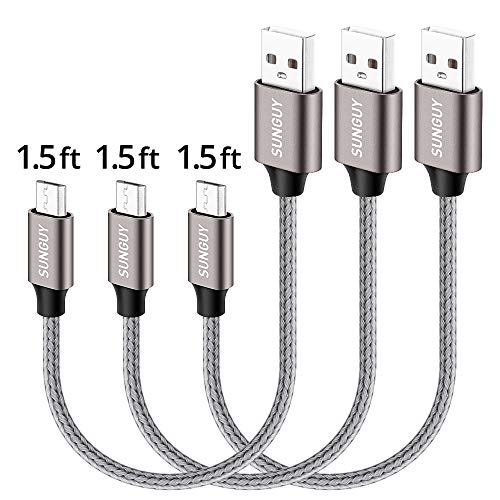 Product Cover SUNGUY Short Micro USB Cable,[3-Pack,1.5ft x3] Nylon Braided Micro USB 2.0 Fast Charging & Data Sync Cord for Samsung Galaxy S6 S7 Edge,Tab 4,Motorola Moto E4 G5 G5S Plus,Sony Xperia Z3 Z5 (Grey)
