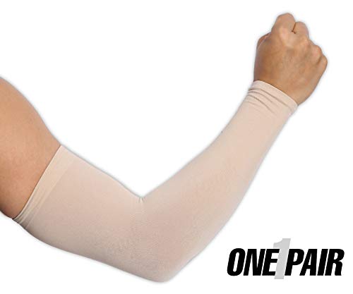 Product Cover UV Protection Cooling Arm Sleeves - UPF 50 Long Sun Sleeves for Men & Women. Perfect for Cycling, Driving, Running, Basketball, Football & Outdoor Activities. (Light Beige)