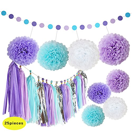 Product Cover Mermaid Decorations Purple and Blue Tissue Paper Pom Poms Flowers Tissue Tassel Garland Polka Dot Paper Garland Kit for Baby Shower Party Sea Theme Birthday Decorations - 25Pcs