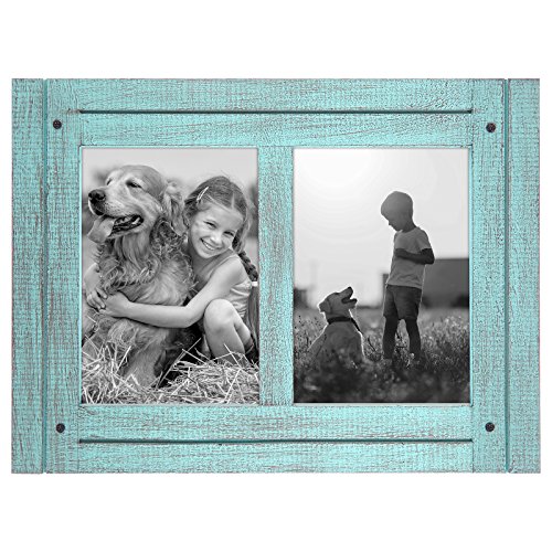 Product Cover Americanflat 5x7 Turquoise Blue Collage Distressed Wood Frame - Made to Display 2 5x7 Photos - Ready to Hang - Ready to Stand - Built-in Easel