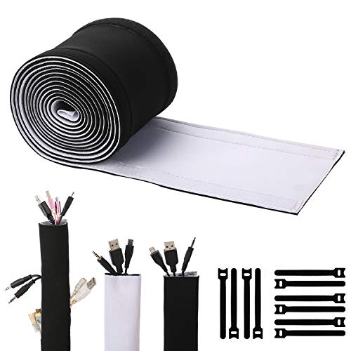 Product Cover Cable Management Sleeves, ENVEL Neoprene Cord Organizer with Free Nylon for TV USB PC Computer Network Wires (118 inches) DIY by Yourself, Adjustable Black and White Reversible Wire Hider