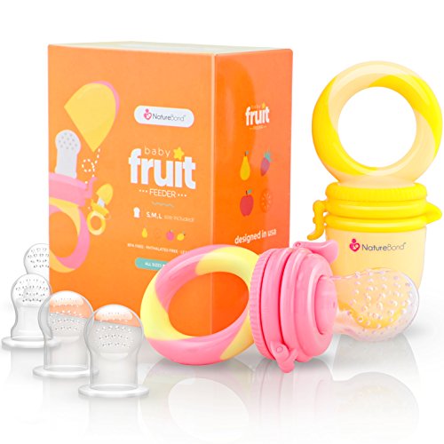 Product Cover NatureBond Baby Food Feeder/Fruit Feeder Pacifier (2 Pack) - Infant Teething Toy Teether in Appetite Stimulating Colors | Bonus Includes All Sizes Silicone Sacs