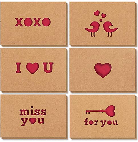 Product Cover 12-Pack Romantic Kraft Love Greeting Cards in 6 Assorted Die Cut Designs for Anniversaries, Envelopes Included, 4 x 6 Inches