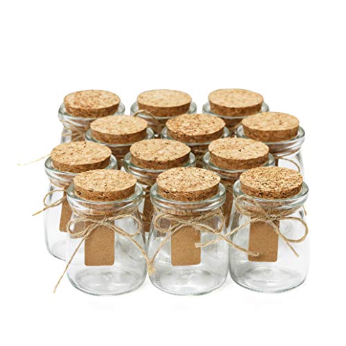 Product Cover Glass Favor Jars With Cork Lids - Mason Jar Wedding Favors Apothecary Jars Honey Pot Bottles With Personalized Label Tags and String - 3.4oz [12pc Bulk Set] Ideal For Spices, Candy and Candle Making