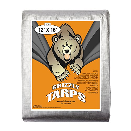 Product Cover B-Air Grizzly Tarps - Large Multi-Purpose, Waterproof, Heavy Duty Poly Tarp Cover - 10 Mil Thick (Silver - 12 x 16 Feet)