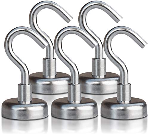 Product Cover Strong Heavy Duty Magnetic Hooks (5 Pack) - 40lb Magnet Hook Set for Multi-Purpose Hanging, Refrigerator, Cruise Cabins, Key Holder, Indoor/Outdoor Organization - Includes 3M Non-Scratch Stickers