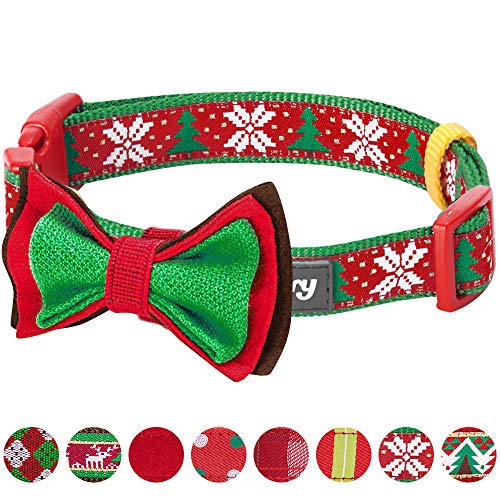 Product Cover Blueberry Pet 4 Patterns Christmas Joy Snowflakes and Trees Adjustable Dog Collar with Detachable Bow Tie, Small, Neck 12
