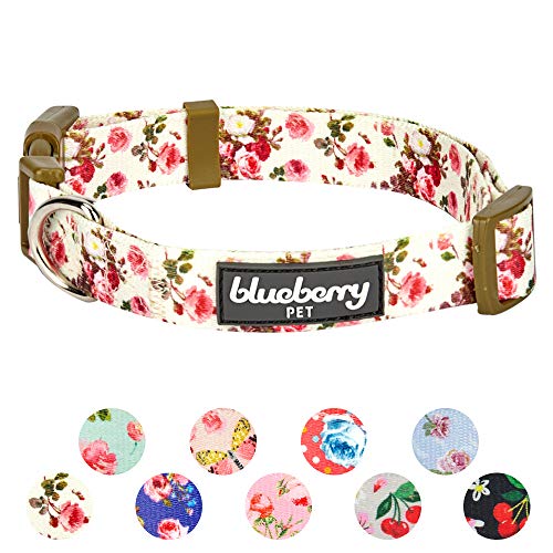 Product Cover Blueberry Pet 11 Patterns Spring Scent Inspired Pink Rose Print Ivory Adjustable Dog Collar, Small, Neck 12