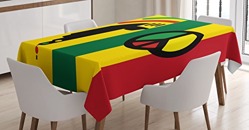 Product Cover Ambesonne Rasta Tablecloth, Iconic Barret Reggae and Jamaican Music Culture with Peace and Borders, Dining Room Kitchen Rectangular Table Cover, 52